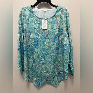 Abstract Blue and Green 3/4 Sleeve Blouse